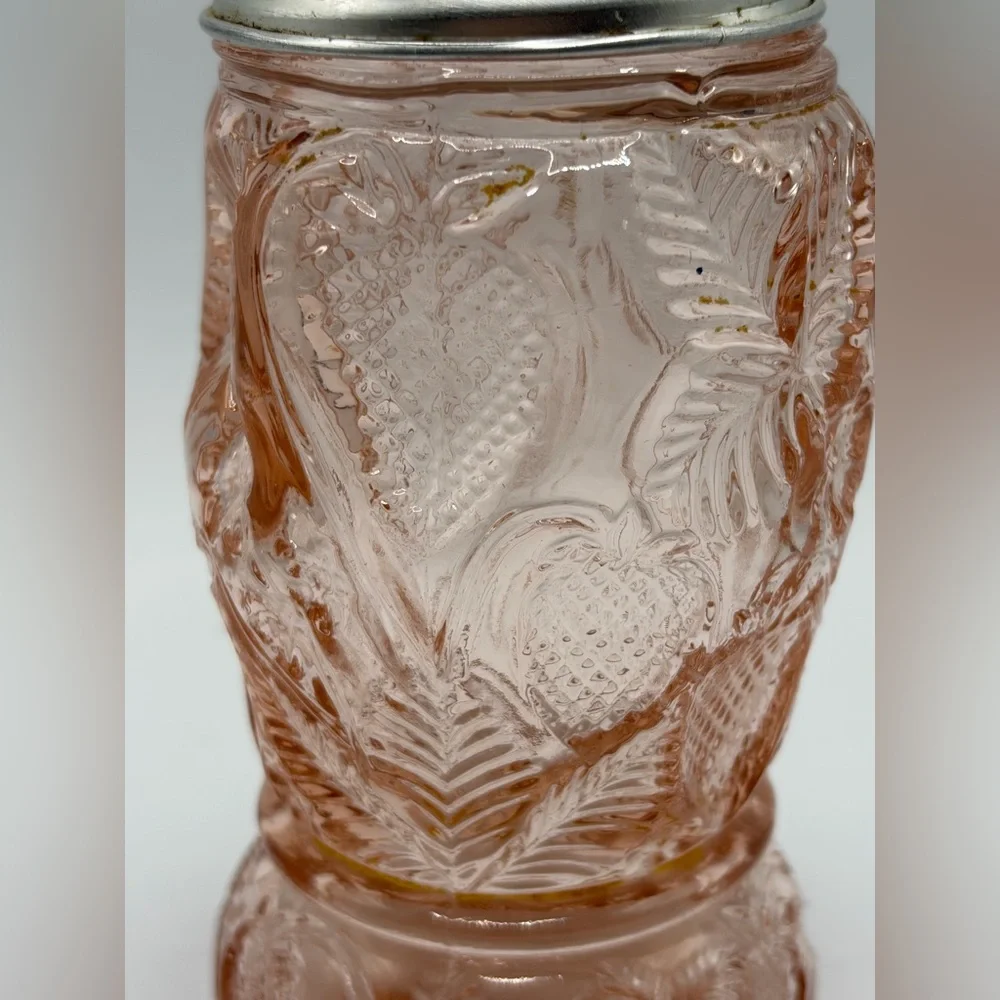 Vintage Pink Strawberry Depression Glass Salt Pepper Sugar Seasoning Shaker, Lid